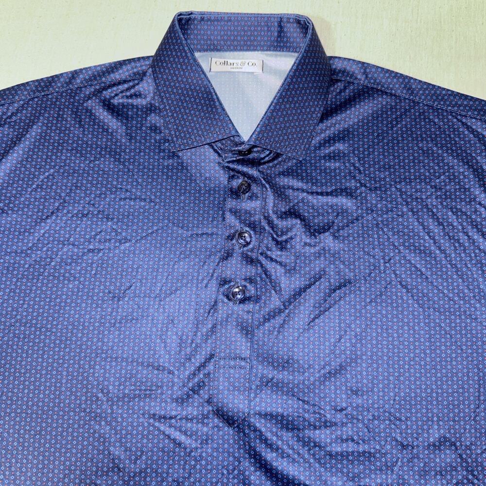 Collars and Co Golf Polo Blue Geometric AOP Size Medium Preppy NWOT